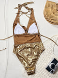 DEKA Deep V Gold Backless Swimwear One Piece Swimsuit Women High Leg Cut Bathing Suit Monokini Back String Cross Swim Beach Wear