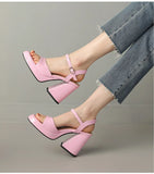 NASBAVI Women Patent Leather Sandals Super Chunky High Heeled Ankle Buckle Shoes Platform Summer Thick Heel Sandal Ladies 35-43