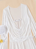 sexy white bandeau metal flower bikinis sets 3pcs with mesh long sleeve wrinkled tie mini dress swimsuit bathing suit biquini