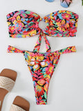 Ring Link Bandeau Bikini 2026 Floral Strappy Swimsuit Women Padded Swimwear Female Bathers Bathing Swimming Swim Suit Beachwear