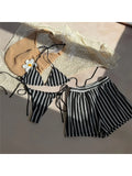 With Shorts Striped Halter Bikini Female Swimsuit Women Swimwear Three-Pieces Bikini Set Padded Bather Bathing Suit Swim V7159