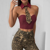 Phantasy Sexy Shirt Collar Leopard Print Necktie Tank Top Women Hotsweet Solid Color Crop Top Lady Fashion Night club Camisole