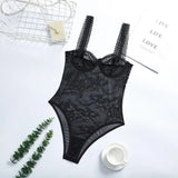 Toucheart Sexy Mesh Patchwork Embroidery Jumpsuit For Women Lace Sling Underwear Solid Color Sexy See-Through Backless Jumpsuit