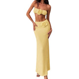Women’s Two Piece Summer Outfits Solid Color Strapless 3D Flower Tube Tops and Long Skirt Set Knitted Holiday Beachwear