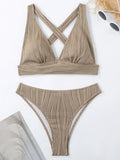Wrinkled Crinkled Cross Back Bikini Women Swimwear Female Swimsuit Two-pieces Bikini Set High Cut Bathing Suit Swim Beach Wear