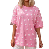 Summer T-Shirt Women Casual Loose Fit Stylish Love Heart Print Crew Neck Short Sleeve Tops