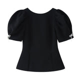Women's Fashion Casual Bowknot Faux Pearl Puff Sleeve Black Puff Sleeve Bow Detail Peplum Waist Short Sleeve Top For Women Q2Y3
