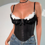 Phantasy Fashion Laec Balck Crop Top Women French Style Pink Bow Strap Tanks Lady Elegant Party Fishbone Camisole Summer Outfit
