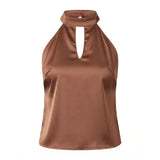 2026 Summer Women Satin Sleeveless Tops Solid Color Open Back Slim Fit Vest Party Daily Halter Cut Out Blouse Fashion