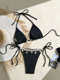Shell Decoration Ribbed Halter Strappy Bikini Women Swimwear Female Swimsuit Two-pieces Bikini Set Bather Bathing Suit Swim Lady