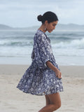 Foridol Lantern Half Sleeve Cyan Bohemian Beach Midi Loose Dress Summer for Women Tie Up Casual Floral Holiday Midi Vestidos