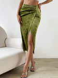 Elegant Split Velvet Skirt Commute Green A-line Mid-Calf Skirt for Lady Women's Autumn Winter Outfit Night Out Streetwear