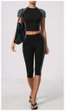 Color Blocking 2PCS Yoga Set Women's Tracksuit Short Sleeve O Neck Sports T Shirts High Waist Cropped Pants Tight Fitness Suits