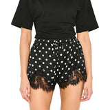 Women's Solid Color Satin Mini Shorts Lace Patchwork Drawstring Elastic Waist Casual Summer Lounge Shorts