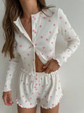 Women Ribbed Knitted Pajama Sets Floral Print Long Sleeve Top and Shorts Casual Loungewear Home Clothes Sleepwear