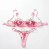 Coquette Aesthetic Pink Lingerie Set Floral Embroidery Lace Bra Set with Bow Details Sexy Sheer Mesh Teddy ZA825296