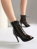 Plus Size Women Patent Leather Mesh Spliced Ankle Boots Back Zipper Peep Toe Lace Up Stiletto High Heels Hollow Out Summer Booti