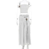 Summer Skirt Set Women Metal Flower Sexy Off Shoulder Slim Crop Top High Slit Skirt Sets Fashion Backless Pleated 2 Piece Suits