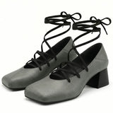 Plus Size 52 Retro Lace Up Ankle Wrap Mary Jane Heels Women Shoes Square Toe Faux Leather Chunky Block Mid Heel Vintage Pumps