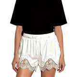 Women's Solid Color Satin Mini Shorts Lace Patchwork Drawstring Elastic Waist Casual Summer Lounge Shorts