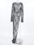 Woman Clothing 2026 O-neck Hollow Out High Slit Long Maxi Lace Dress Black Streetwear Ladies See-through Black T-shirt Dresses