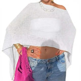 Combhasaki Women Knitwear Bikini Cover-up See-through Solid Off Shoulder Irregular Triangle Hem Loose Pullover Summer Beach Tops