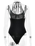 FDYOUI Women Sexy Sleeveless Lace Patchwork Pink Bodysuits 2026 Summer Halter Lace-up Backless One Piece Party Club Jumpsuit Top