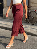 Women's Satin Lace Hem Capris Elastic Waist Loose Fit Wide Leg Pants Solid Color Lounge Street Casual Cropped Pants Summer