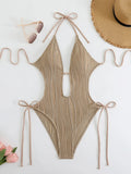 Sexy Halter V Neck Wrinkled Female Swimwear One Piece Swimsuit Women Backless Monokini High Leg Cut Bathing Suit Swim Beach Wear