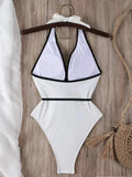 3D Flower Belt V Neck Splicing Halter Slim Women Swimwear One Piece Swimsuit Female Backless Monokini Bather Bathing Suit Swim