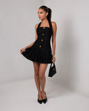 Temperament Elegant Women's Halter Neck Dress Solid Color Braid Fabric Pleated Short Dresses Socialite Commuting Style Vestidos