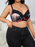 Anti-sag Push Up Bra Plus Size Black Base Red Floral Print Lace Side Gather Lift Up Large Brassiere Flower Pattern Underwear