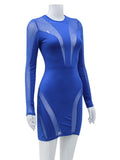 Ahagaga Fashion Mesh Patchwork Sexy Mini Dresses Women Streetwear Regular Casual O-neck Slim Skinny Vestidos Robes Full Sleeve