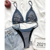 Sexy Splicing Striped Bikini Female Swimsuit Women Swimwear Two-Pieces Bikini Set High Cut Bather Bathing Suit Swim Lady V3199