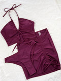 Sexy 3-Piece Bikini Set Women Burgundy Hollow Swimwear Swimsuit Bikinis Set Bathing Suit Beach Bikini Female Drawstring Skirt