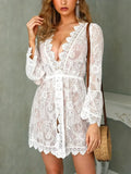 Boho Crochet White Lace Dress Knitted V-neck Scallop Trim Beach Sundress Tunic Pareos Women Bikinis Cover Ups Robe Beachwear