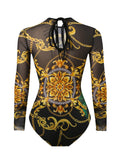 2026 Printed Mesh Swimsuit One Piece & Beach Dress Long Sleeves Swimwear Women Bathing Swimming Swim Suit Padded Beachwear