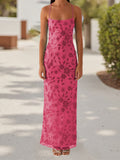 Women Summer Glitter Sequin Beaded Flower Cami Dress Slim High Split Spaghetti Strap Open Back Long Dresses for Party Club