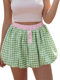 Women's Summer Mini Skirts Elastic Band Bubble Plaid Print Skirt for Daily, Travel, Parties