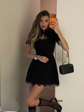 Ahagaga Sexy Women's Mini Dresses Patchwork Short Sleeves Lace Hollow Out Slim Fit Trend Baisc Turtleneck Streetwear Female Robe