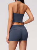 2PCS Yoga Set Women V-neck Cross Neck Shock-absorbing Sports Vest Workout Pleate Flip High Waist Shorts Gym Runing Fitness Suits