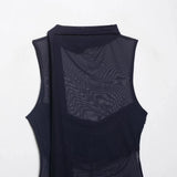 Women's Silk Mesh Scarf Top Women Dark Gray Mesh Halter Neck Sleeveless Top Ruched Front Tie Detail Sheer Casual For Party AFIA