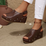 Black Pu Leather Wedge Heel Sandals Women Rivets Back Strap Platform Sandles Woman Plus Size 43 Thick Sole Rome Sandalias Mujer