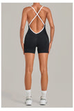 New Tight One-piece Yoga Suit Women Color Contrast Splicing Hollow Back Cross Sports Jumpsuit Outwear Slimming Fitness Bodysuits