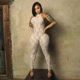 Women Halter Neck Lace Mesh Jumpsuit Sheer See Through Sleeveless Backless Bodycon Romper Y2K Clubwear Party Nightclub Outfit
