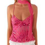 Women Camisoles Sequins Beaded Flower Embroidery V-Neck Casual Camis Tops Summer Fashion Sleeveless Crop Tops with Choker Scarf