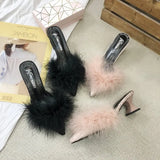 Women's Half Slippers New Summer Sexy Pointed Temperament High-heeled Slippers Female Fashion Furry High Heels Solid Slides