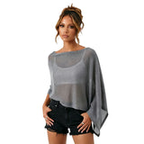 Womens Shawl Tops Lightweight Stylish Solid Color Irregular Hem Boat Neck Loose Fit Sheer Poncho Blouse Summer Knit Cover-ups