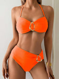 S - XL Metal Ring Halter Female Swimsuit High Waist Bikini Women Swimwear Two-Pieces Bikini Set Bather Bathing Suit Swim V6933