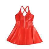 Red PU Leather Lace Babydoll Dress for Women Deep V Backless Suspender Garter Belt Mini Clubwear Plus Size S-2XL